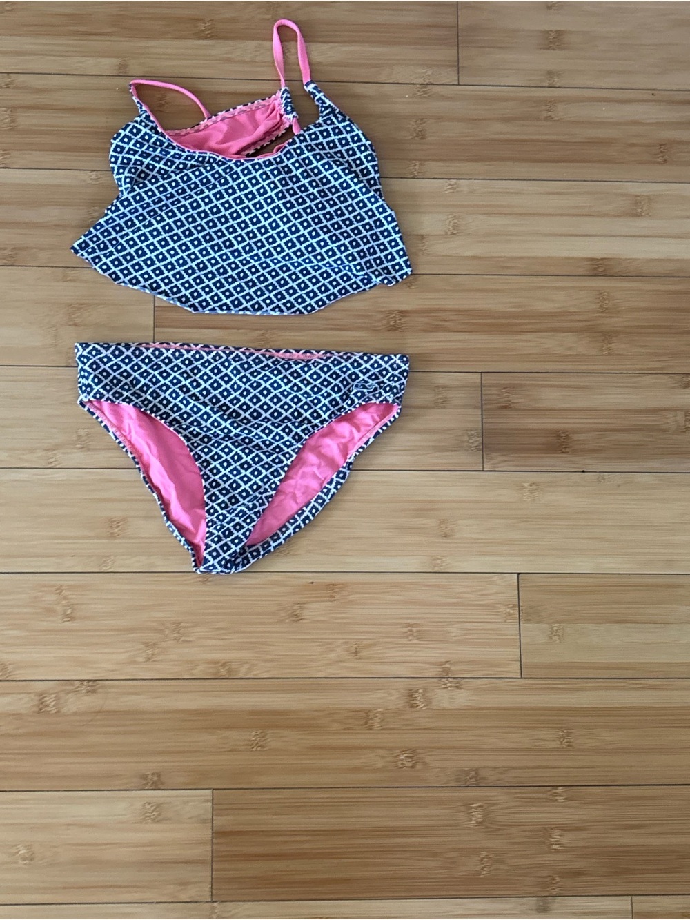 Vineyard Vines Girls Navy Diamond Print Bikini with Pink Lining